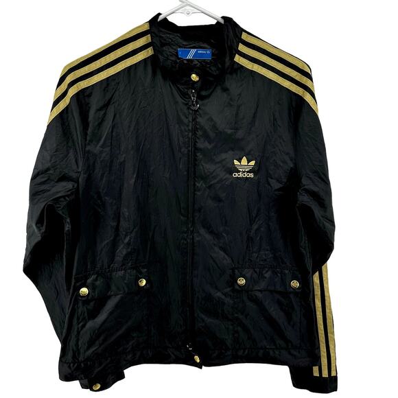 Adidas Full Zip Windbreaker Track Jacket Y2K Gold Buttons Pocket Striped Black L - Picture 1 of 5